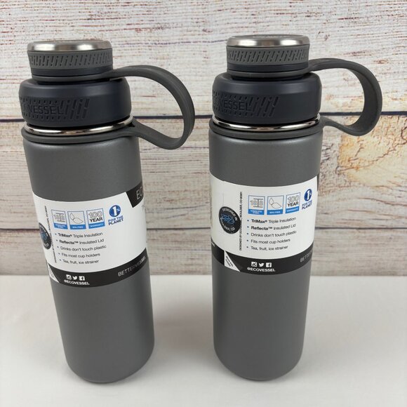 (2) EcoVessel The Boulder 20oz Bottles Insulated Stainless Steel & Strainer Gray - Picture 4 of 10